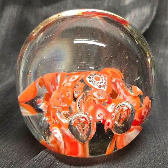 Vintage Mid Century Modern Orange Millefiori Dabs Glass Paperweight - Picture 2 of 7